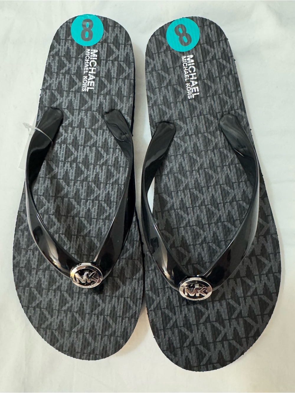 NEW MICHAEL KORS MK FLIP FLOPS MINI JET SET PRINT PVC SANDALS BLACK SIZE 8 US
